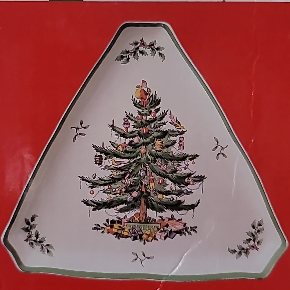 Vintage Fine Porcelain Spode Christmas Tree Large Triangle Tray Plate & Box